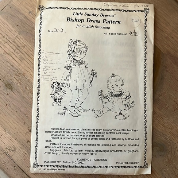 Bishop Dress Pattern for English Smocking Little Sunday Dress Florence Roberson - Picture 1 of 5